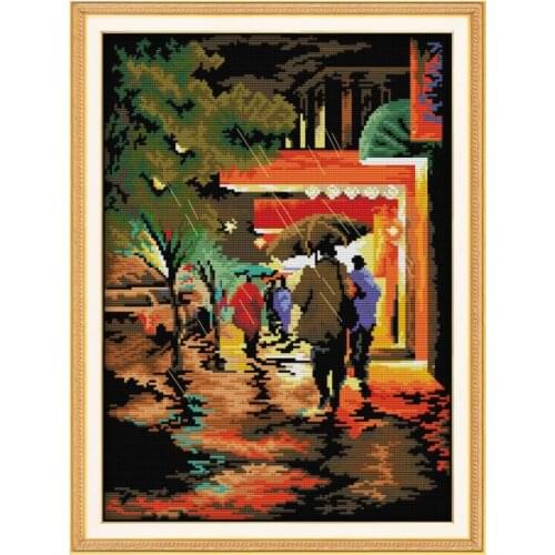 A streetscape in the rainy night cross stitch kit aida 14ct 11ct count printed canvas stitch embroidery DIY handmade needlework