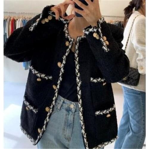 Womens Tweed Short Coat Autumn Elegance Temperament Casual Loose O-neck Exquisite Single Breasted Females Jackets OL Outwear