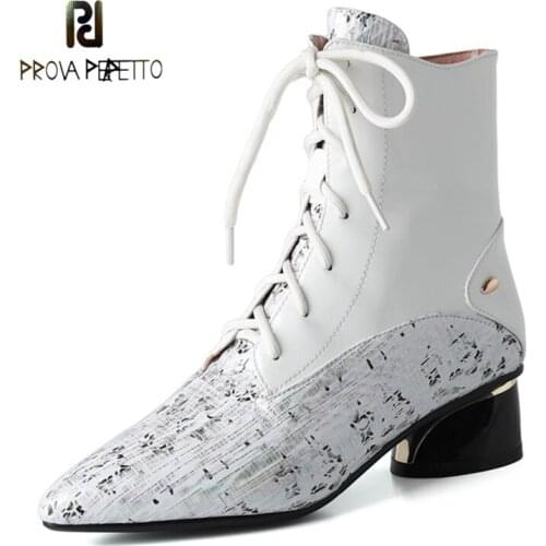 Cowhide Stitching Color Sheepskin Ladies Boots Pointed Toe Square Heel Lace-up Side Zipper Short Tube Mid-heel Fashion Boots