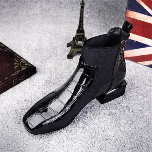 Stone Pattern punk motorcycle booties femme japanned leather slip on ankle botas brand thick low heels square riding boots women