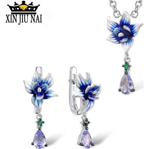 925 sterling silver Blue Flower Silver Color Drop Earring for Women Cubic Zirconia Enamel Wedding Party Earring Jewelry Gift