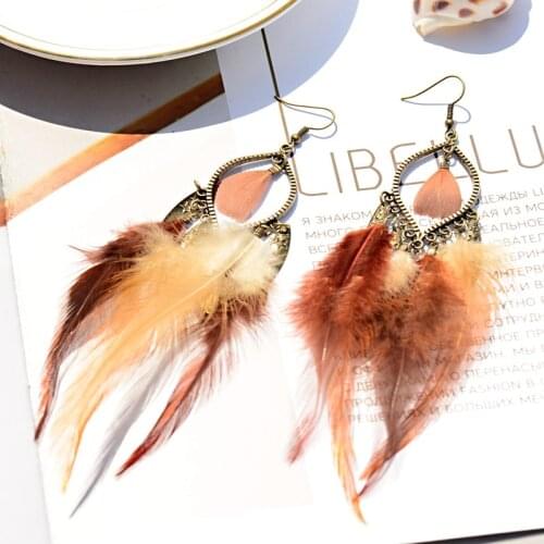 2019 New Vintage Feather Earrings Bronze Boho Dangle Earrings Women Drop Earrings Ethnic Style Women Jewelry