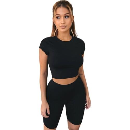 S-2XL womens summer clothing shorts sets casual sport slim solid o-neck sexy 2 piece outfits Wholesale Dropshipping