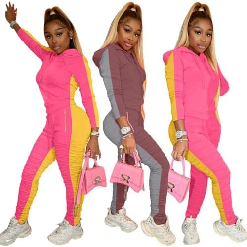 Echoine Spring Women Zipper Long Sleeve Hooded Casual Workout Two Piece Set Jacket and Stacked Bodycon Pants Sports Matching Set