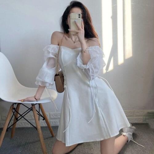 Bella Philosophy 2021 Korean Solid Sweet Dress Elegant Bandage Puff Sleeve Kawaii Dress Outdoor Holiday Square Collar Dress