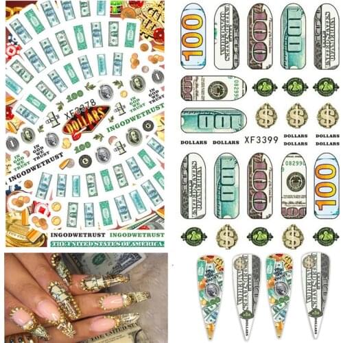 3D Money Design Nails Art Sticker Money Dollar Wealthy Rich Style For Nail Stickers Wraps Foil Sticker Nail Decoration Manicure