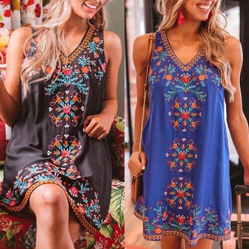 40# sexy beach dress summer платье женское Fashion Casual Womens Sleeveless Ethnic Print V-Neck Tank Dress Mini Dresses