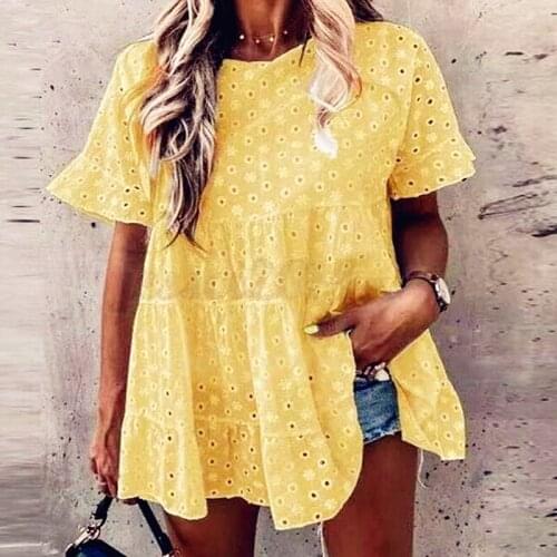 Loose Blouse Top Women Summer Sexy Hollow Out Cotton Line Short Sleeve Pullover Tops Elegant Holiday Beach Party Blouse Shirts
