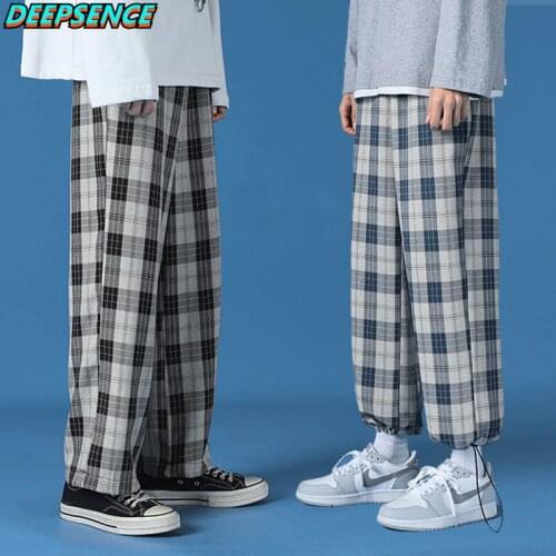 Men New Polyester Loose Japan Harajuku style Grid Wide Pants Men Casual Drawstring Elastic Leg opening Ankle Length Pants Men