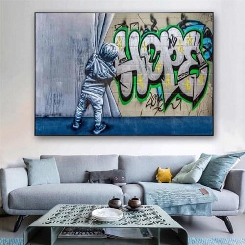 Graffiti Banksy Style Hope Boy Curtain Unveil Street Art Canvas Painting Original Stencil Wall Modern Abstract Canvas Decor