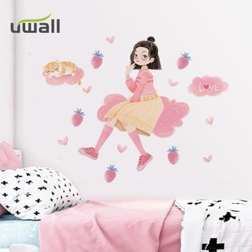 Ins Pink Cartoon Girl Cute Cat Kids Room Self-Adhesive Wall Stickers Girls Bedroom Bedside Background Stickers Home Decoration
