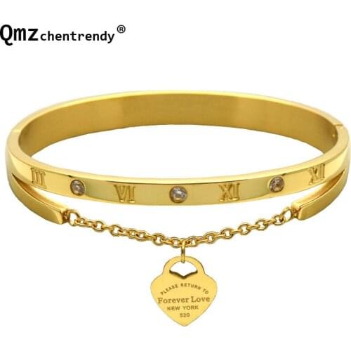 Girls Classic Stainless Steel Roman Numeral Bracelets Peach Heart Charm Love Forever Digital Bangle Bling Cubic Zirconia Jewelry