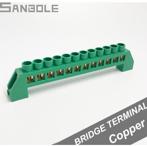 12 Positions Hole Green Shell High Bridge Type Grounding Strip Connection Terminal Block Row Copper 6*9 Connector Earth (5PCS)
