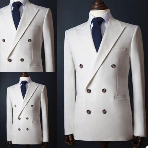 Handsome Casual Men Tuxedos Custom Made Peaked Lapel Double Breasted Pocket Suits Formal Gentlemen Party Prom 2 Pieces Set