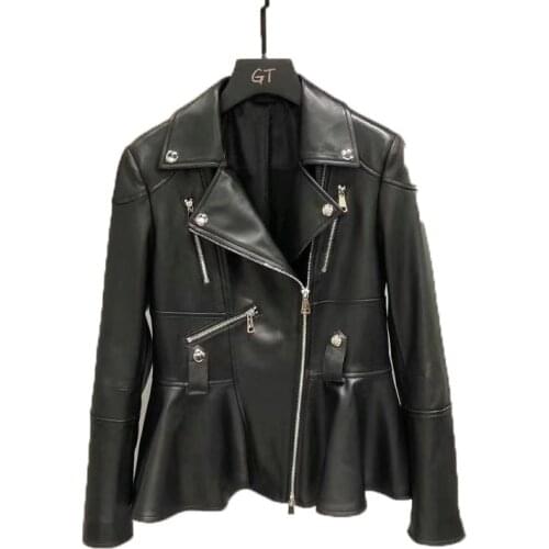 Coat Quality High Spring Females Genuine Leather Jacket Short Length Turn-Down Collar Flounce Hem Zipper Decoration + FG455