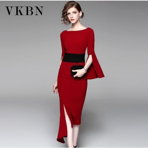 VKBN Summer Dress Woman Patchwork Slash Neck Flare Sleeve Wine Red Party Night Dress Elegant Vestidos De Fiesta Fashion