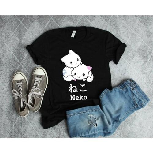 Cute Kawaii Japanese Anime Cat Neko Short-Sleeve Unisex T-Shirt 100% Cotton Short Sleeve Aesthetic O Neck Top Tee Drop Shipping