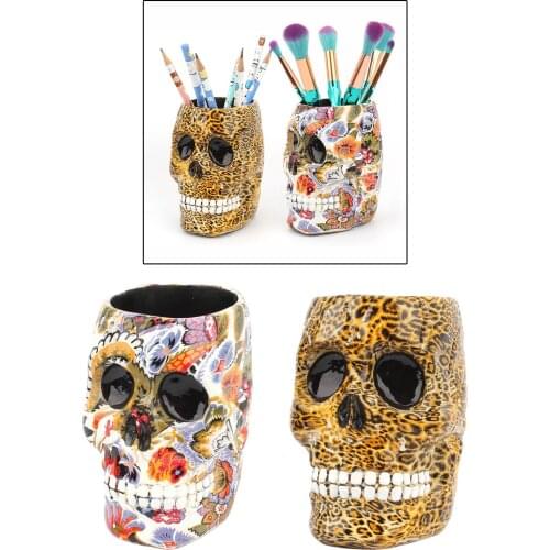 Skull Shaped Desk Organizer Pen Holder Makeup Brushes Display Stand Rack