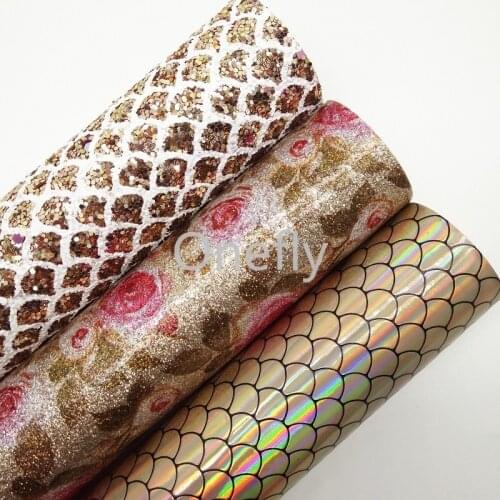Onefly 21X29CM Gold Mermaid Glitter Fabric, Iridescent Mermaid Synthetic Leather Sheets For Bow DIY handbags shoes DQ041