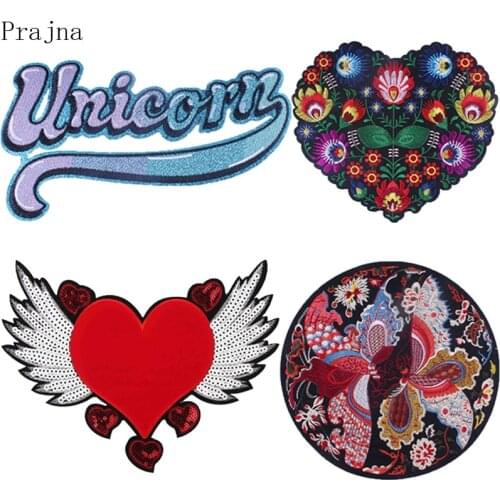 Prajna Letter Unicorn Patch Heart Love Patch Applique Sequin Sewing Embroidered Patches For Clothes Stripes Stickers On Cloth