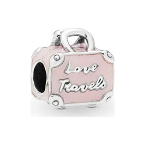 Genuine 925 Sterling Silver Beads Pink Travel Bag Charm Fit Pan Women Bracelet & Necklace Diy Jewelry