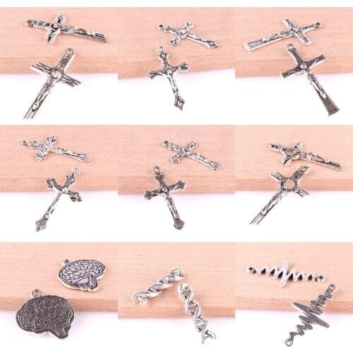 20Pcs/Lot Alloy Catholic Christian Jesus Cross Charms Metal Brain DNA Molecule Pendant For Necklaces Bracelet Jewelry Wholesale