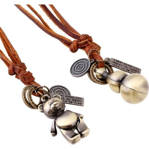 Vintage Retro Fashion Pendant Long Chain Necklace Alloy Bronze Bear Gourd Genuine Leather Charms Handmade Women Sweater Jewelry