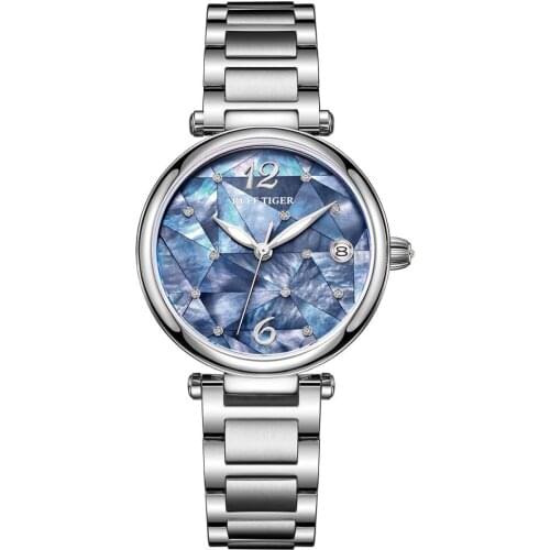 Reef Tiger/RT New Design Luxury Stainless Steel Blue Dial Automatic Watches Women Diamond Watch RGA1584