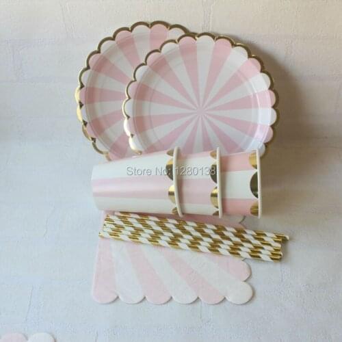 Pink& Gold Foil Striped Tableware Paper Party Plates Cups Straws Napkins for New Year Wedding Girl Birthday Decor Supplies
