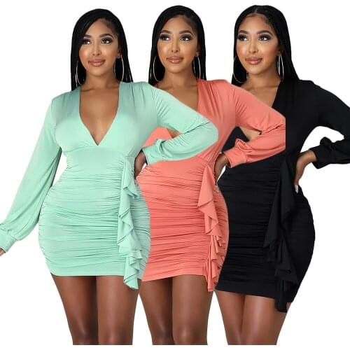 Sexy Deep V Neck Solid Ruched Mini Women Dress Elegant Ruffles Long Sleeve Bodycon Shirring Club wear Party Dresses Robe Lounge