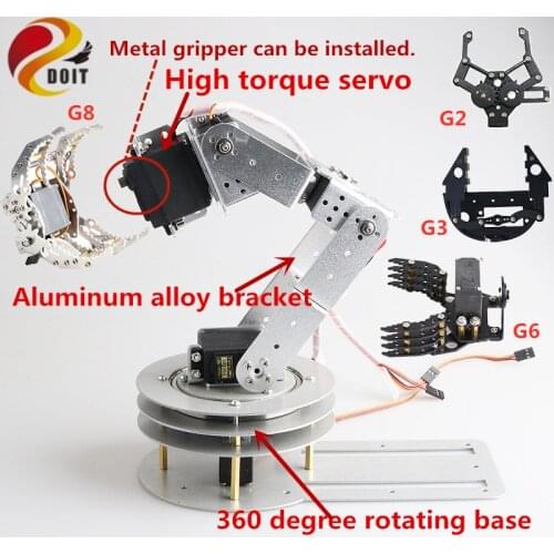 SZDOIT 5DOF PTZ Metal Robot Arm+1DOF Robot Claw 6-Axis Robotic Manipulator Arm With Servo Kit Rotating Base for Arduino Toy