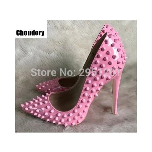 Sexy Pointed Toe High Heels Women Pumps Shoes Patent Rivets Studded Spring Stiletto Pumps Brand Wedding shoes Big Size 35-42