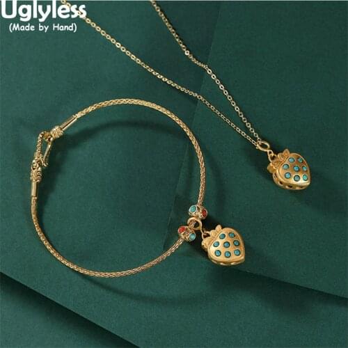 Uglyless 1 Side Agate 1 Side Turquoise Strawberry Jewelry Sets for Girls Sweet Gifts Gold 925 Silver Fruits Bracelets Pendants