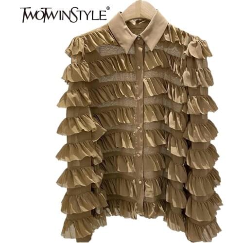 TWOTWINSTYLE Casual Khaki Button Through Blouse Female Lapel Bishop Long Sleeve Loose Patchwork Shirts For Women 2021 Spring New
