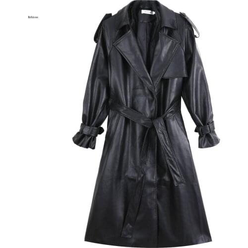 Long oversized leather trench coat for women long sleeve lapel loose fit Fall black women plus size clothing streetwear