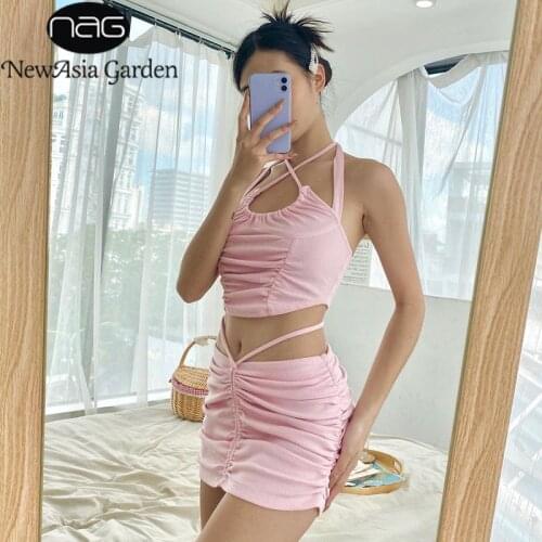NewAsia Ribbed Knit 2 Piece Skirt Set Tie up Halter Top Drawstring Ruched Mini Skirts Suit Women Sexy Summer Two Piece Skirt Set