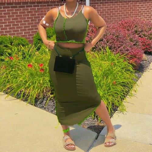 Fashion Army Green Streetwear Women Two Pcs Matching Sets Spaghetti Strap Vest Crop Top + Irregular Midi Skirt Skinny Sexy Suits