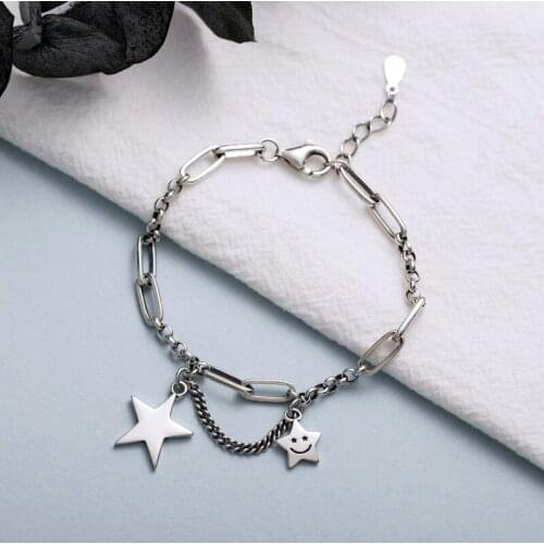 Vintage Punk 925 Sterling Silver Tassel Star Charm Bracelet &Bangle For Women Wedding Jewelry SL134