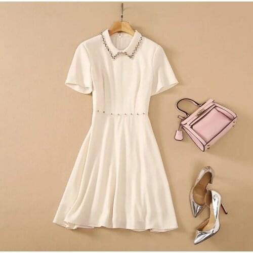 High Quality New Runway Dress 2021 Summer Party Ladies Turn-down Collar Beading Deco Short Sleeve A-Line Apricot Black Dress