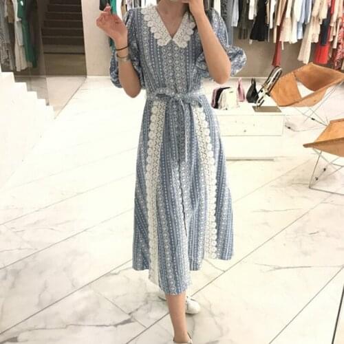 Ladies Vintage Summer V-Neck Puff Sleeve Lace Embroidery Spliced Dress High Version Women Slim New Fashion Designed Dress ML176