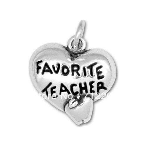 Antique silver plated Apples heart text FAVORITE TEACHER Charm jewelry accessory(H101571)