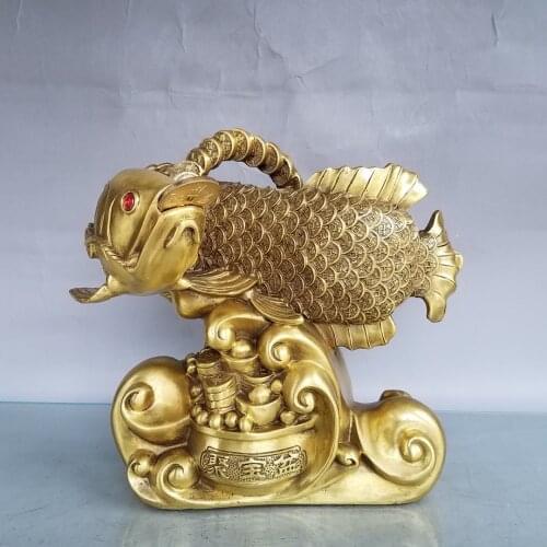 10" Chinese Seikos Bronze Money fish statue Carp spit coins Wishful Ingot Implication Lucky fortune Get promoted