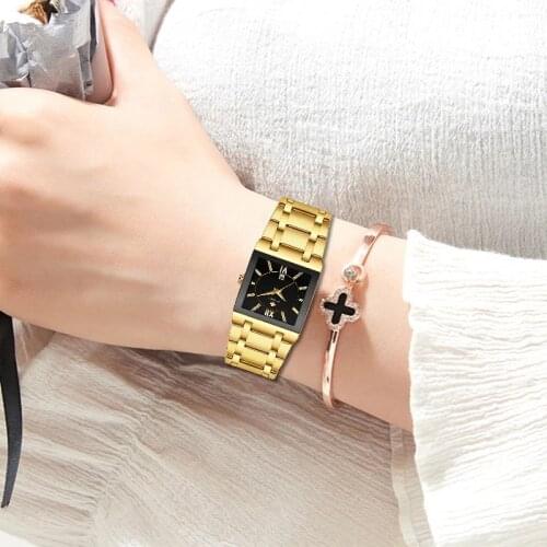 WWOOR Luxury Gold Black Watch For Women Fashion Square Quartz Watch Ladies Dress Wrist Watches Top Brand Sport Clock Reloj Mujer