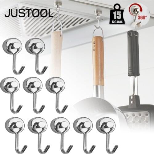 JUSTOOL 10Pcs Strong Magnetic Hooks Heavy Duty Wall Hooks Key Coat Cup Hanging 20mm Hanger for Home Kitchen Storage Organization