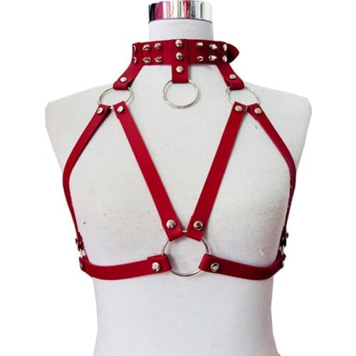 Red Leather Chest Harness Woman Punk Goth Sexy Hollow Out Bra Body Straps Bralette Fetish Female Belt Bondage Erotic Harness