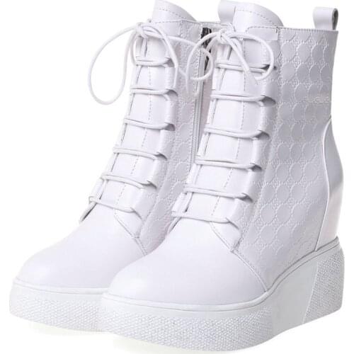 Fashion Sneakers Women Lace Up Genuine Leather Chunky High Heels Ankle Boots Female High Top Round Toe Pumps Shoes Casual Shoes