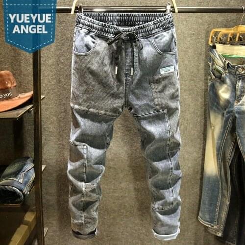 Harajuku Mens Denim Pants Autumn Fashion Casual Loose Straight Trousers Streetwear Vintage Patchwork Elastic Waist Cargo Jeans
