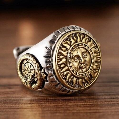 S925 Sterling Silver Jewelry Sun Flower Smiley Face Open Mens Ring Christmas Gift