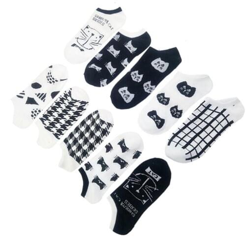 ZDL-196 Cute 3D Cartoon Animal Women Cotton Sock Funny Patterned Lovely Cat Design Black White 10 Pairs