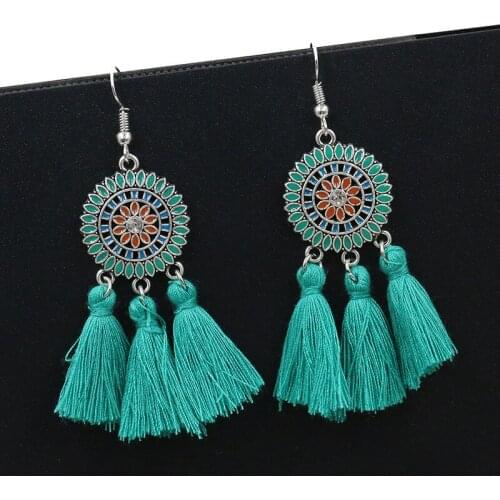 New Fashion Bohemian Colourful Long Tassel Earring For Women Black Red Pink White Blue Green Silk Round Dangle Drop Earrings
